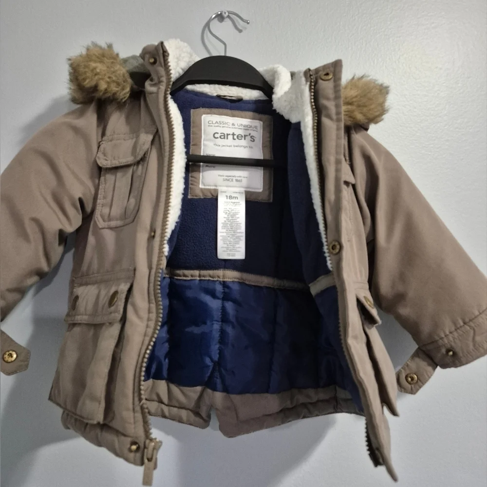 Carter's Tan and Blue Winter Parka with Faux Fur Hood